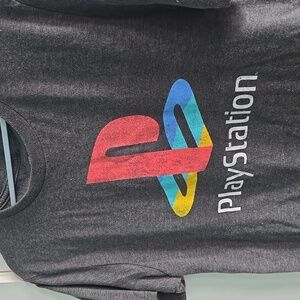 Playstation logo T shirt size small gray white blue yellow red distressed Design